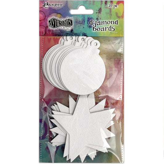 Dyamond Boards - Baubles and Stars, Small ... by Dyan Reaveley's Dylusions and Ranger Ink. Primed, ready to alter thin white chipboard (compressed cardboard) shapes for use in mixed media, art journaling, scrapbooking, cardmaking, papercrafts and visual arts of all kinds to create multi-layered and dimensional artwork. 20 (twenty) pieces, 1mm thick, in 2 styles, a round tag and a 5-pointed star (10 of each). Photo of the small stars and baubles packet.