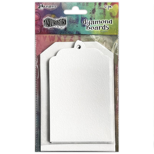 Dyamond Boards - Assorted Tags, Large ... by Dyan Reaveley's Dylusions and Ranger Ink. Primed, ready to alter thin white chipboard shapes for use in mixed media, cardmaking, art journaling, scrapbooking, papercrafts and visual arts of all kinds to create multi-layered and dimensional artwork. 6 (six) pieces of 2mm thick preprimed chipbard in 2 tag styles (3 of each). Designs in this pack are rectangular tags, one style has mitred top corners and one style has scallop shaped top.
