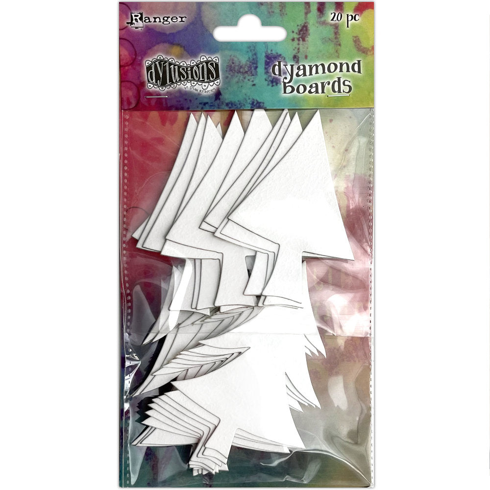 Dyamond Boards - Trees, Small ... by Dyan Reaveley's Dylusions and Ranger Ink. Primed, ready to alter thin white chipboard shapes for use in mixed media, cardmaking, art journaling, scrapbooking, papercrafts and visual arts of all kinds to create multi-layered and dimensional artwork. 20 (twenty) pieces of 1mm thick primed chipboard in 2 styles. Designs in this pack are of stylised triangular and pine tree shaped trees, perfect for Christmas, forests, jungles, backgrounds and decoration..