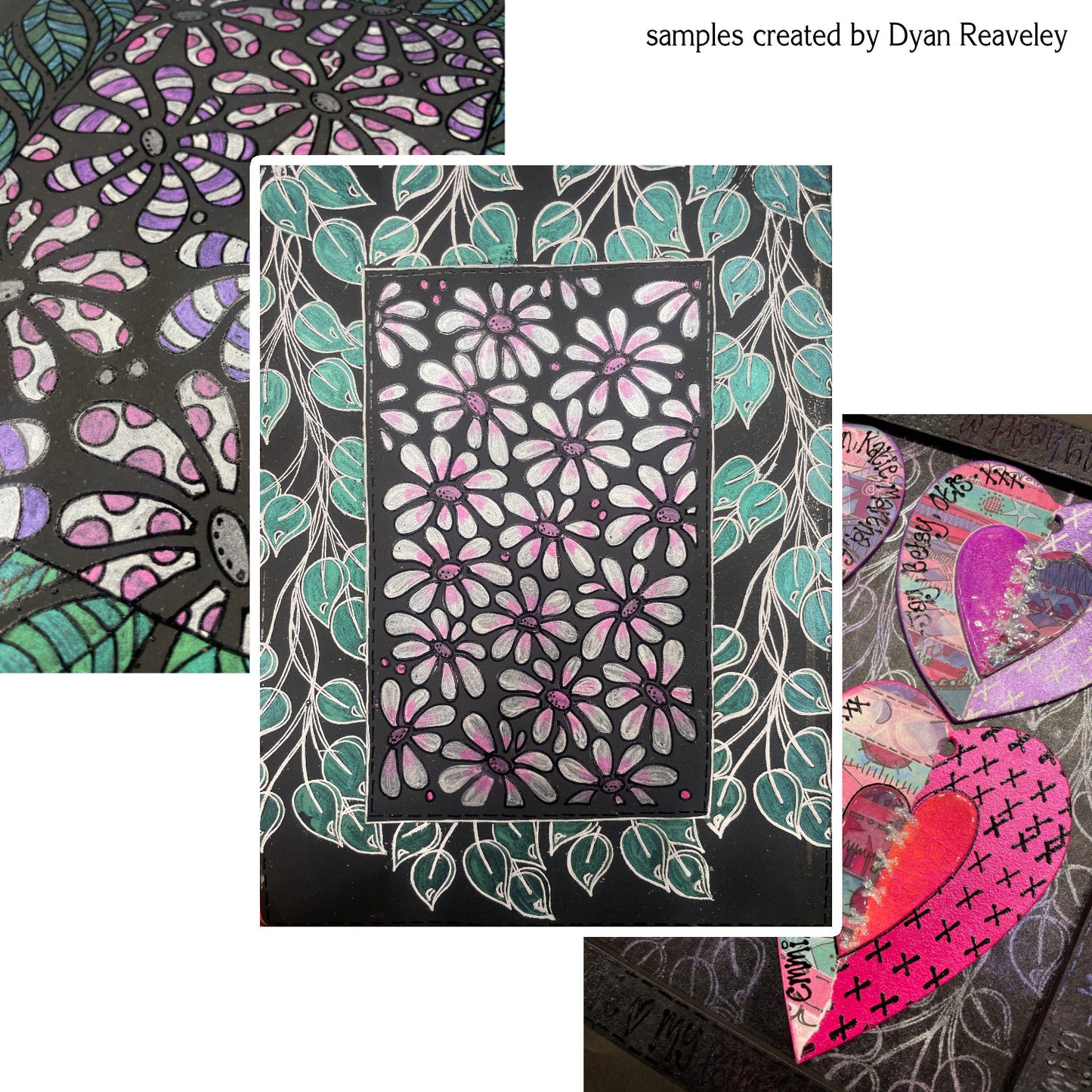 Mixed Media Essentials designed by Dyan Reaveley's Dylusions and made by Ranger. Photo shows stencils, chipboard hearts, stamped imagery, Pearl Pigment infused mica powder in vibrant Dylusions colours to add shimmer and enhance artwork and ultra thick embossing powder (Dyamond Rocks). Create beautiful shimmery and colourfully pearlescent effects on book covers, journals, scrapbooks, greeting cards, mixed media, embossed dimensional artwork and more. Photo of samples created by Dyan Reaveley.