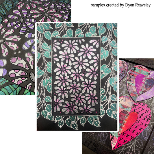 Mixed Media Essentials designed by Dyan Reaveley's Dylusions and made by Ranger. Photo shows stencils, chipboard hearts, stamped imagery, Pearl Pigment infused mica powder in vibrant Dylusions colours to add shimmer and enhance artwork and ultra thick embossing powder (Dyamond Rocks). Create beautiful shimmery and colourfully pearlescent effects on book covers, journals, scrapbooks, greeting cards, mixed media, embossed dimensional artwork and more. Photo of samples created by Dyan Reaveley.