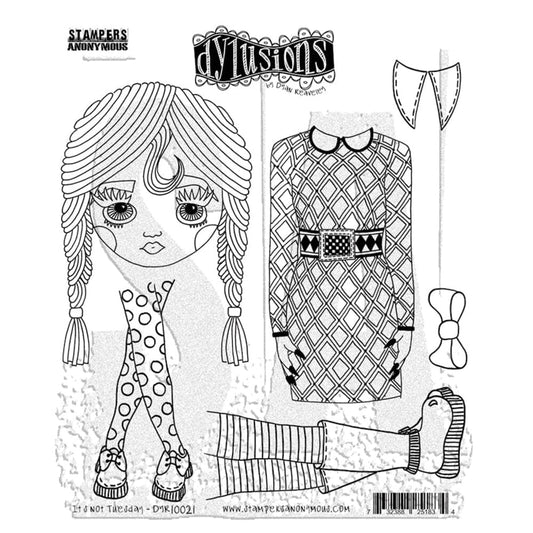 It's Not Tuesday ... Cling Stamps - Dylusions by Dyan Reaveley (DYR10021). Original designs by Dyan Reaveley, made by Stampers Anonymous out of red rubber mounted on cling foam. Perfect for mixed media, art journaling, scrapbooking, stamping on fabrics, using in papercrafts and visual arts of all kinds. 5 (five) designs.
Dyan's original drawings of whimsical dolly heads with bodies, legs and accessories of a pointy collar and bow, are perfect for all occasions and excuses to create!