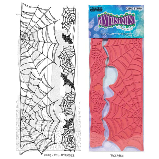 Going Batty ... Dylusions Stamp Set (DYR10022). Original designs by Dyan Reaveley, made by Stampers Anonymous out of red rubber mounted on cling foam. Perfect for mixed media, art journaling, scrapbooking, stamping on fabrics, using in papercrafts, for visual arts of all kinds. 2 (two) long designs, one featuring a pair of large half-cobwebs and the narrow design featuring little webs and flying bats. Use each as a whole design or stamp out a few bats or webs at a time. Enjoy!