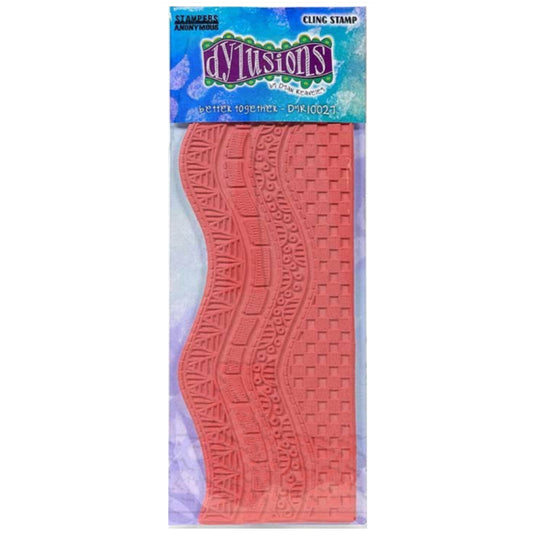 Better Together ... Dylusions Stamp Set (DYR10027). Original designs of decorated wavy borders and edging by Dyan Reaveley, made by Stampers Anonymous out of red rubber mounted with cling foam backing. Perfect for mixed media, art journaling, scrapbooking, stamping on fabrics, using in papercrafts, for visual arts of all kinds. 4 (four) long designs (approx 27cm long). Photo of the stamps in packaging.