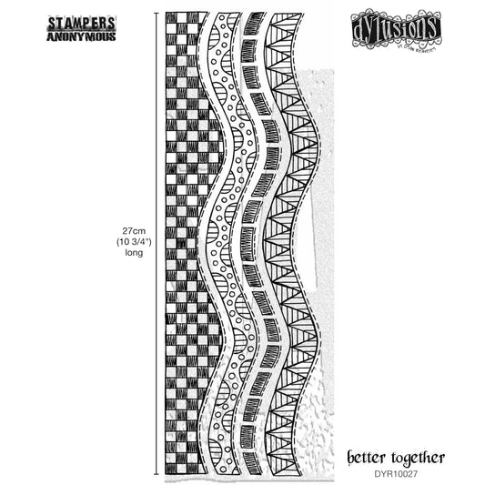Better Together ... Dylusions Stamp Set (DYR10027). Original designs of decorated wavy borders and edging by Dyan Reaveley, made by Stampers Anonymous out of red rubber mounted with cling foam backing. Perfect for mixed media, art journaling, scrapbooking, stamping on fabrics, using in papercrafts, for visual arts of all kinds. 4 (four) long wavy designs.