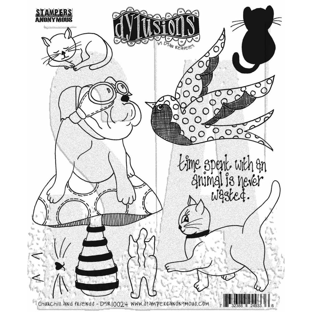 Churchill and Friends ... Cling Stamps - Dylusions by Dyan Reaveley (DYR10024). Original designs by Dyan Reaveley, made by Stampers Anonymous out of red rubber mounted on cling foam. This set includes the bulldog wearing goggles sitting on a toadstool with stripy stem with the pretty bluebird (spotty wings, flying west or left), four different kittens (sitting, sleeping, strutting, standing), a cat's face with long whiskers and a quote "time spent with an animal is never wasted" in handlettering.