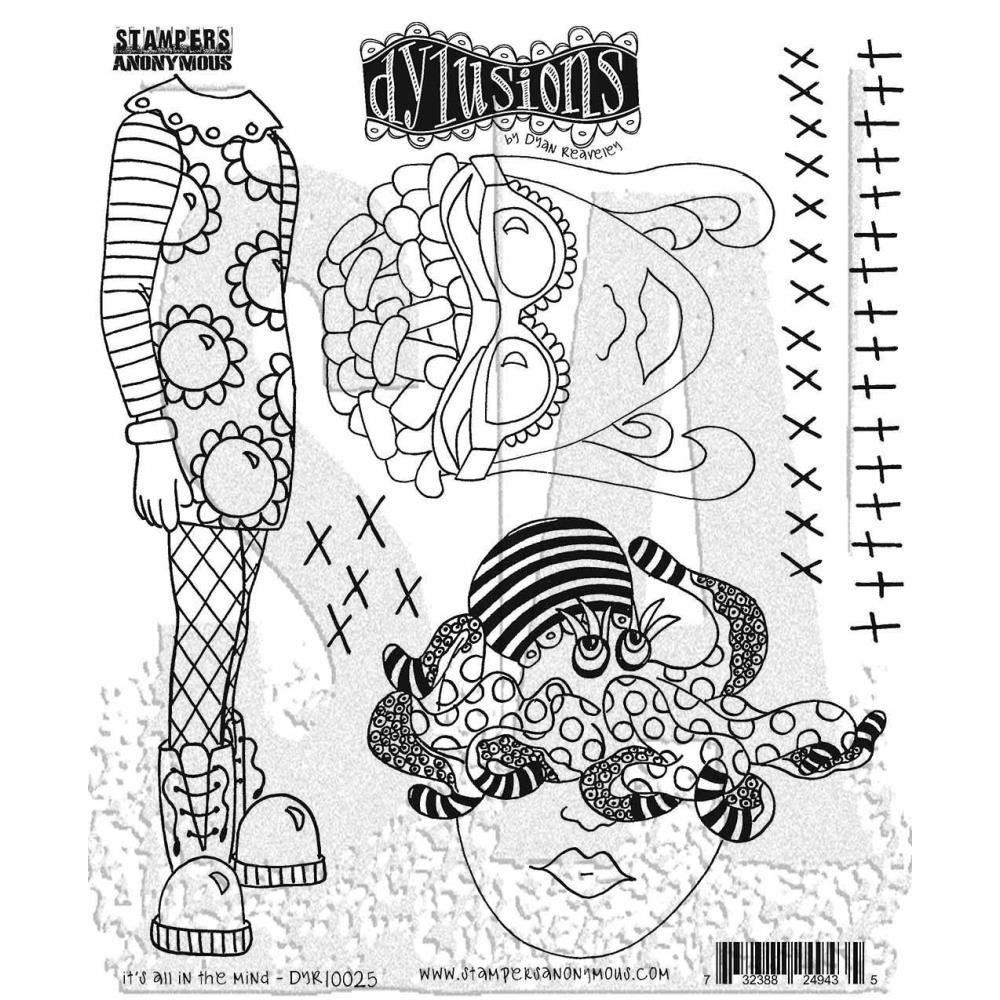 It's All In The Mind ... Cling Stamps - Dylusions by Dyan Reaveley (DYR10025). Original designs by Dyan Reaveley, made by Stampers Anonymous out of red rubber mounted on cling foam. Perfect for mixed media, art journaling, scrapbooking, stamping on fabrics, using in papercrafts and visual arts of all kinds. 6 (six) designs featuring two faces (one with beans in her head, the other wearing an octopus), a headless body, two borders and group of crosses.