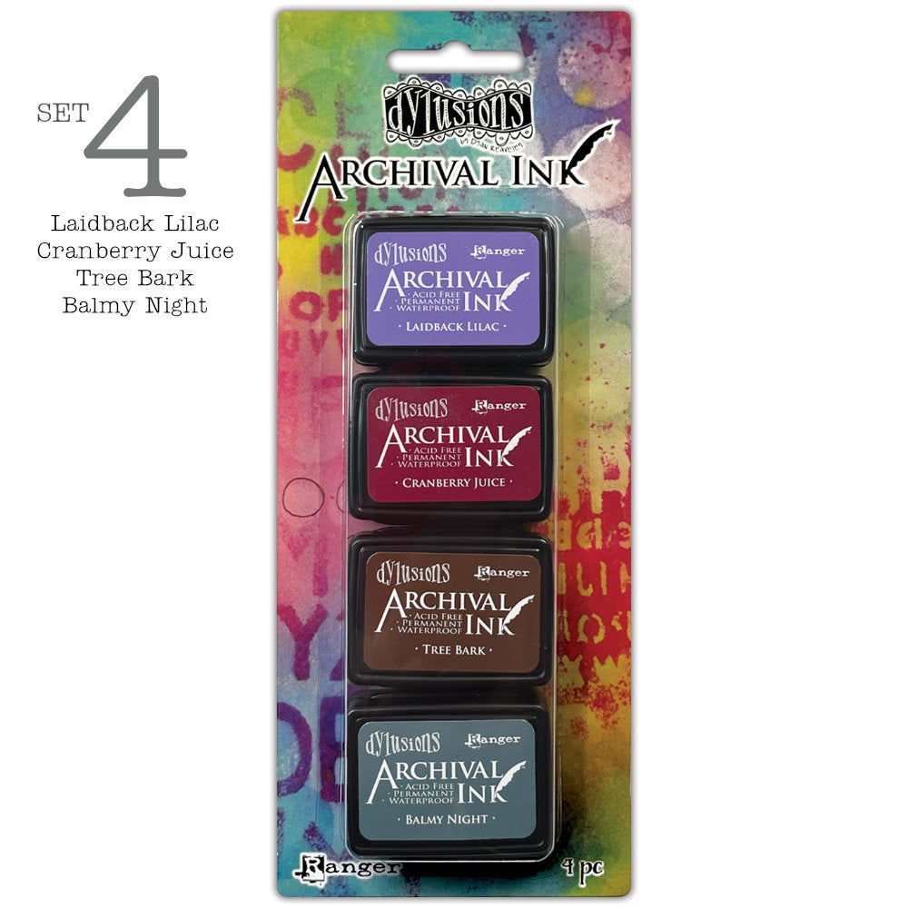 Set 4 - Dyan's Dylusions Archival Mini Ink Pads by Ranger, are an all-purpose ink which dries on most surfaces (paper, card, wood, fabric, vellum, tissue, stone, transparencies (given time to dry) and Yupo. The ink is a permanent, water and fade resistant dye based formula within a raised felt stamp pad. Ideal for use in art journaling, diaries and planners, cardmaking, scrapbooking, mixed media, collage, visual arts, textile arts, and other craft projects.