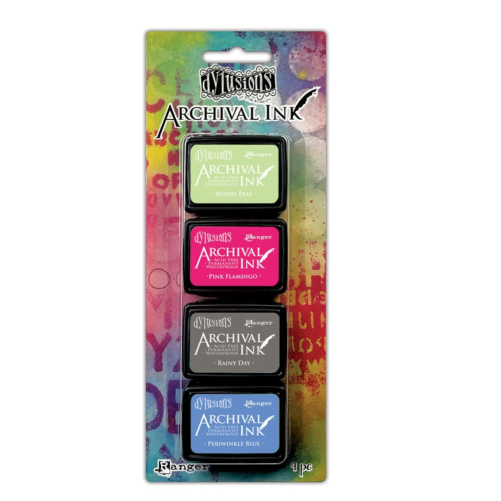 kit 7 - Dyan Reaveley's Dylusions Archival Mini Ink Pads ... by Ranger. Set of 4 (four) colours - Mushy Peas, Pink Flamingo, Rainy Day, Periwinkle Blue (one of each). Dyan's Dylusions Archival Mini Ink Pads by Ranger, are an all-purpose ink which dries on most surfaces (paper, card, wood, fabric, vellum, tissue, stone, transparencies (given time to dry) and Yupo. The ink is a permanent, water and fade resistant dye based formula within a raised felt stamp pad, size is 1 3/4" x 1 1/4" (44mm x 33mm)