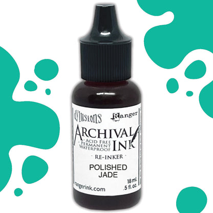 Dyan's Dylusions Archival Ink Reinkers by Ranger, are bottles with fine tip nozzles containing 18ml (.5 fl oz) of an all-purpose ink which dries on most surfaces (paper, card, wood, fabric, vellum, tissue, stone, transparencies (given time to dry) and Yupo. Use to top up your dried well loved Dylusions Archival Mini Ink Pad (sold separately in sets). Image showing Polished Jade.
