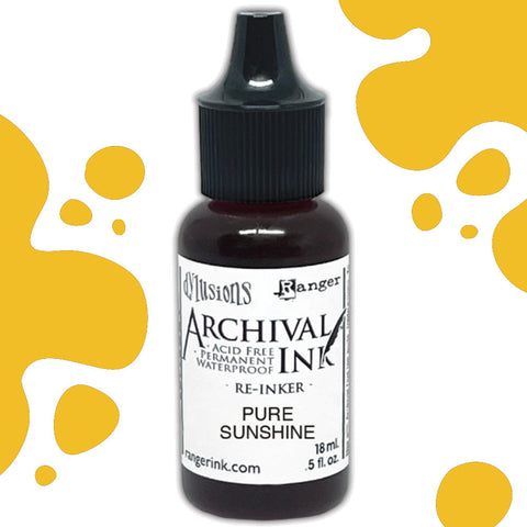 Dyan's Dylusions Archival Ink Reinkers by Ranger, are bottles with fine tip nozzles containing 18ml (.5 fl oz) of an all-purpose ink which dries on most surfaces (paper, card, wood, fabric, vellum, tissue, stone, transparencies (given time to dry) and Yupo. Use to top up your dried well loved Dylusions Archival Mini Ink Pad (sold separately in sets). Image showing Pure Sunshine.