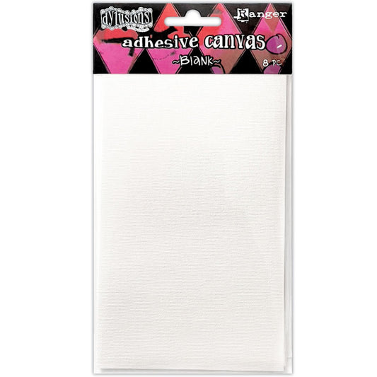 Adhesive Backed Canvas - by Dyan Reaveley's Dylusions and Ranger, 8 sheets, 3.5"x6" in size. These white sheets are made with a fine, even weave cotton fabric (canvas textile), backed with adhesive, primed and ready to use with stamps, paints, stencils, sprays, crayons, pastels, gel printing, inks and other mediums.