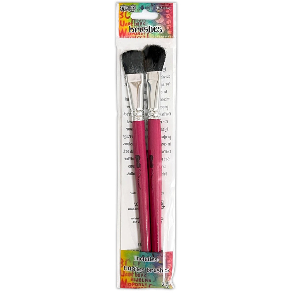 Dyamond Brush Set - 2 (two) long soft fluffy applicator brushes ... by Dyan Reaveley's Dylusions and Ranger Ink. Very soft and fluffy bristles for use with embossing powders and pearlised pigments when creating dimensional layers on artwork. Pack contains 2 (two) brushes. Size approx 3/4" wide bristles (1/2" at the ferrule), 7 3/4" (195mm) long. Longer and fluffier than the originals, these are fabulously essential for dusting over larger when using Perfect Pearls, Dyamond Dust.