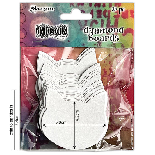 Dyamond Boards - Cats ... by Dyan Reaveley's Dylusions and Ranger Ink. Primed, ready to alter, thin white chipboard shapes for use in mixed media, cardmaking, art journaling, scrapbooking, papercrafts and visual arts of all kinds to create multi-layered and dimensional artwork. 20 (twenty) pieces of 1mm thick primed chipboard in 1 style, a feline's head with oval face and triangular ears, 58mm x 54mm high. Dimensions of cat.