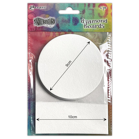 Dyamond Boards - Circles and Squares, Large ... by Dyan Reaveley's Dylusions and Ranger Ink. Primed, ready to alter white chipboard shapes for use in mixed media, cardmaking, art journaling, scrapbooking, papercrafts and visual arts of all kinds. 6 (six) pieces of 2mm thick preprimed boards in 2 shapes, a round circle (9cm) and square (10cm), 3 (three) of each shape. Dimensions
