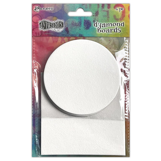 Dyamond Boards - Circles and Squares, Large ... by Dyan Reaveley's Dylusions and Ranger Ink. Primed, ready to alter white chipboard shapes for use in mixed media, cardmaking, art journaling, scrapbooking, papercrafts and visual arts of all kinds. 6 (six) pieces of 2mm thick preprimed boards in 2 shapes, a round circle (9cm) and square (10cm), 3 (three) of each shape.
