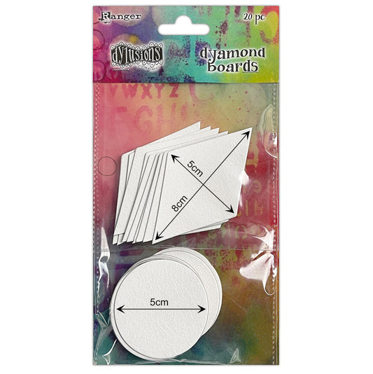 Dyamond Boards - Circles and Diamonds, Small ... by Dyan Reaveley's Dylusions and Ranger Ink. Primed, ready to alter, thin white chipboard shapes for use in mixed media, cardmaking, art journaling, scrapbooking, papercrafts and visual arts of all kinds to create multi-layered and dimensional artwork. 20 (twenty) pieces of 1mm thick primed chipboard in 2 styles, round (5cm wide circle) and diamond (5cm x 8cm). 10 (ten) of each shape. With dimensions.