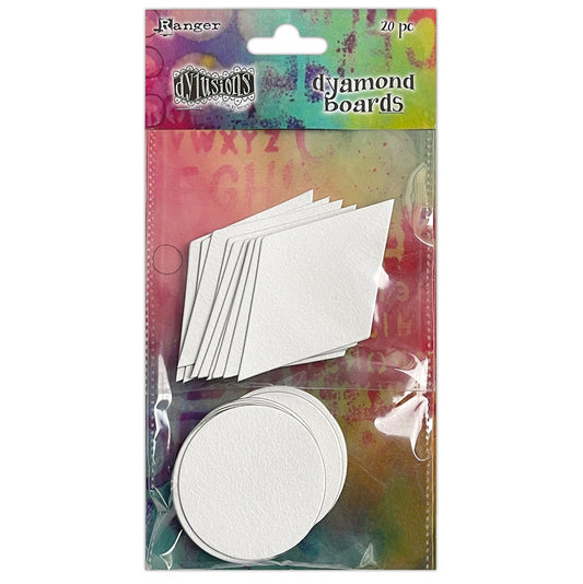 Dyamond Boards - Circles and Diamonds, Small ... by Dyan Reaveley's Dylusions and Ranger Ink. Primed, ready to alter, thin white chipboard shapes for use in mixed media, cardmaking, art journaling, scrapbooking, papercrafts and visual arts of all kinds to create multi-layered and dimensional artwork. 20 (twenty) pieces of 1mm thick primed chipboard in 2 styles, round (5cm wide circle) and diamond (5cm x 8cm). 10 (ten) of each shape.