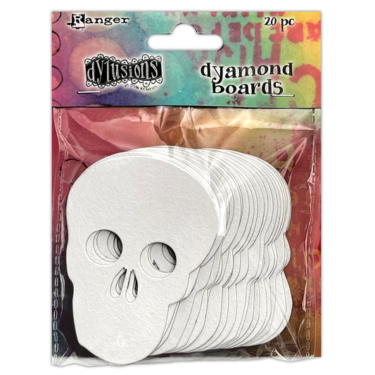 Dyamond Boards - Skulls ... by Dyan Reaveley's Dylusions and Ranger Ink. Primed, ready to alter, thin white chipboard shapes for use in mixed media, cardmaking, art journaling, scrapbooking, papercrafts and visual arts of all kinds to create multi-layered and dimensional artwork. 20 (twenty) pieces of 1mm thick primed chipboard in 1 style, a skull (with holes for eyes and nose), 56mm x 77mm high.
