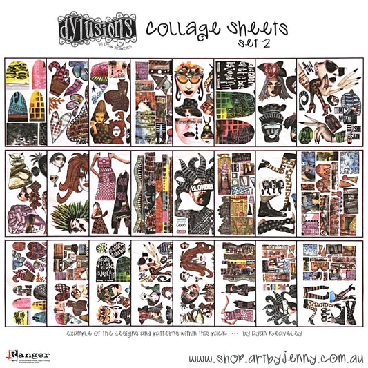 Collage Sheets - set 2 ... Dylusions by Dyan Reaveley. 24 (twenty four) printed sheets of single sided matte medium weight white paper with 16 (sixteen) sheets of full-sized designs and 8 (eight) pages of the same designs in half the size. Each sheet is 8.5" x 11" in size. Use unique and whimsical designs to add fun bold colourful designs to your artwork, junk journals, scrapbook pages, wallart, anything. Designs in this pack include wild hair'd blondes, grumpy cats, hearts and flowers, and more.