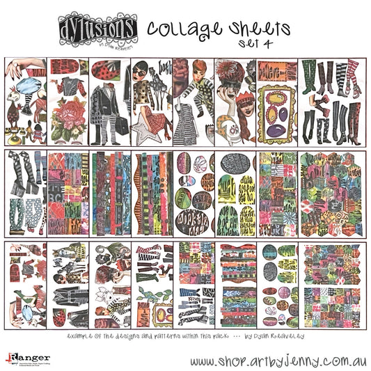 Collage Sheets - set 4 ... Dylusions by Dyan Reaveley. 24 (twenty four) printed sheets of single sided matte medium weight white paper with 16 (sixteen) sheets of full-sized designs and 8 (eight) pages of the same designs in half the size. Each sheet is 8.5" x 11" in size. Use unique and whimsical designs to add fun bold colourful designs to your artwork, junk journals, scrapbook pages, wallart, anything. Designs incl zebra, paper dolls, birds, yellow telephone, backgrounds, shapes, bright colours and more.