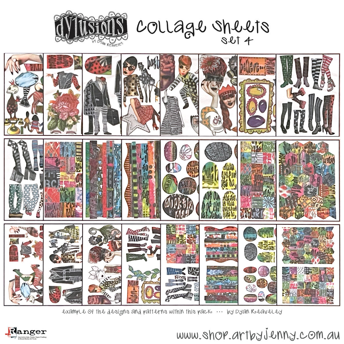 Collage Paper - set 4 ... Dylusions by Dyan Reaveley. 24 (twenty four) sheets, single sided matte white paper with 16 (sixteen) pages of full sized designs and 8 (eight) pages of half sized designs. Sheet size is 8.5" x 11". Create bold colourful artwork using these fabulous collage sheets by Dyan Reaveley, featuring designs perfect for all our days - heads in hands, frames, quotes, patchwork roses, stylish shoes on long legs, zebra wearing red stripes, paper dolls and more
