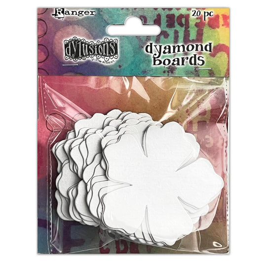 Dyamond Boards - Flowers, Small ... by Dyan Reaveley's Dylusions and Ranger Ink. Primed, ready to alter thin white chipboard shapes for use in mixed media, cardmaking, art journaling, scrapbooking, papercrafts and visual arts of all kinds to create multi-layered and dimensional artwork. 20 (twenty) pieces of 1mm thick primed chipboard in pretty floral shapes.