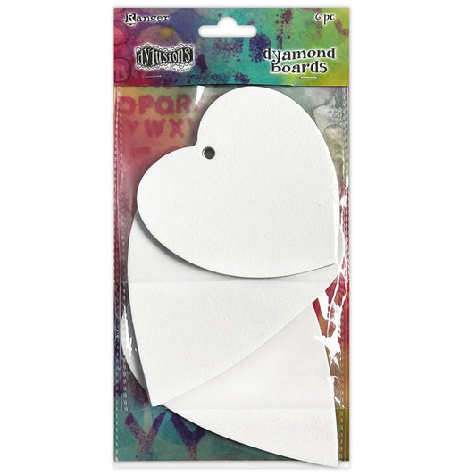 Dyamond Boards - Hearts, Large ... by Dyan Reaveley's Dylusions and Ranger Ink. Primed, ready to alter thin white chipboard shapes for use in mixed media, cardmaking, art journaling, scrapbooking, papercrafts and visual arts of all kinds to create multi-layered and dimensional artwork. 6 (six) pieces of 2mm thick primed chipboard.