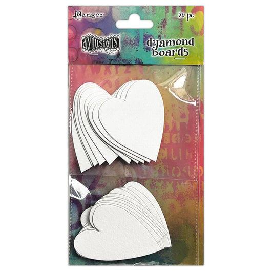 Dyamond Boards - Hearts, Small ... by Dyan Reaveley's Dylusions and Ranger Ink. Primed, ready to alter thin white chipboard shapes for use in mixed media, cardmaking, art journaling, scrapbooking, papercrafts and visual arts of all kinds to create multi-layered and dimensional artwork. 20 (twenty) pieces of 1mm thick primed chipboard in 2 styles of heart shapes (10 of each).