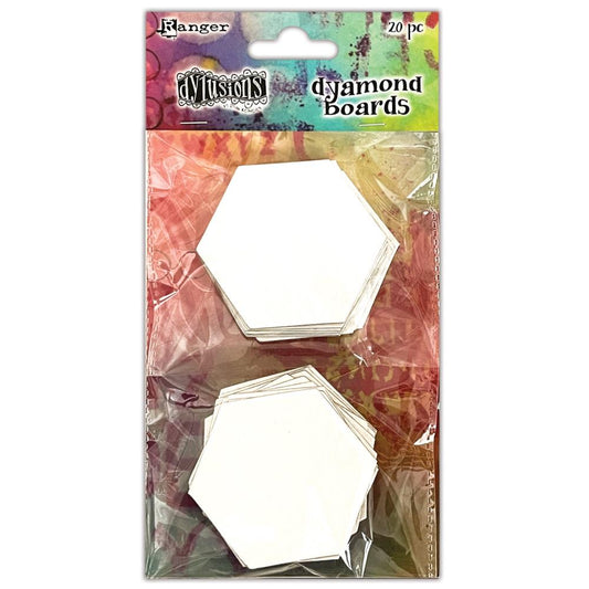 Dyamond Boards - Hexagons ... by Dyan Reaveley's Dylusions and Ranger Ink. Primed, precut chipboard shapes for use with embossing powders and pearlised pigments and other art supplies when creating dimensional layers with mixed media and visual arts. This package contains : 20 (twenty) primed chipboard (compressed paper) pieces cut into the shape of a hexagon (6 sided shape), all of the same size 