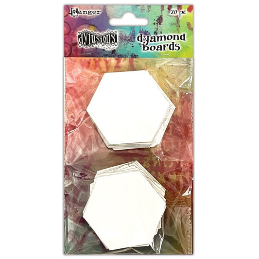 Dyamond Boards - Hexagons ... by Dyan Reaveley's Dylusions and Ranger Ink. Primed, precut chipboard shapes for use with embossing powders and pearlised pigments and other art supplies when creating dimensional layers with mixed media and visual arts. This package contains : 20 (twenty) primed chipboard (compressed paper) pieces cut into the shape of a hexagon (6 sided shape), all of the same size