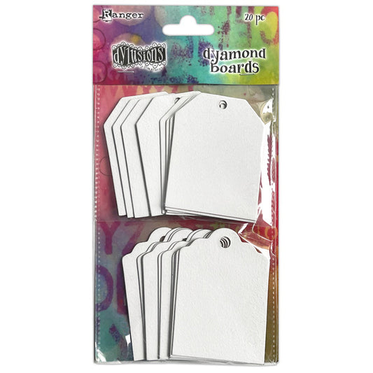 Dyamond Boards - Tags, Small ... by Dyan Reaveley's Dylusions and Ranger Ink. Primed, ready to alter thin white chipboard shapes for use in mixed media, cardmaking, art journaling, scrapbooking, papercrafts and visual arts of all kinds to create multi-layered and dimensional artwork. 20 (twenty) pieces of 1mm thick primed chipboard in two styles of tags.