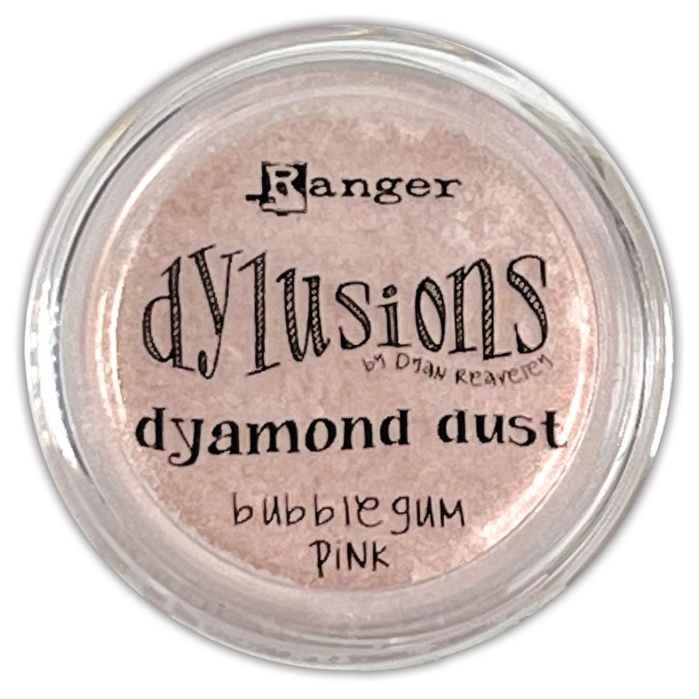 Dyamond Dust ... by Dyan Reaveley's Dylusions and Ranger Ink. Pearl Pigment infused mica powder in vibrant Dylusions colours to add shimmer and enhance artwork. Create beautiful shimmery and colourfully pearlescent effects on book covers, journals, scrapbooks, greeting cards, mixed media, embossed dimensional artwork and more. Photo of Bubblegum Pink, light pink.