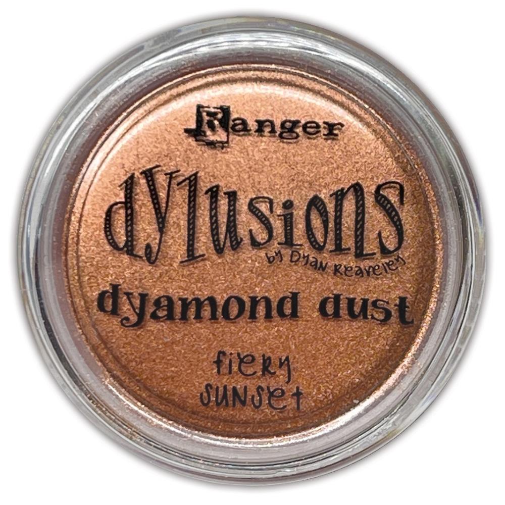 Dyamond Dust ... by Dyan Reaveley's Dylusions and Ranger Ink. Pearl Pigment infused mica powder in vibrant Dylusions colours to add shimmer and enhance artwork. Create beautiful shimmery and colourfully pearlescent effects on book covers, journals, scrapbooks, greeting cards, mixed media, embossed dimensional artwork and more. Photo of Fiery Sunset (red)