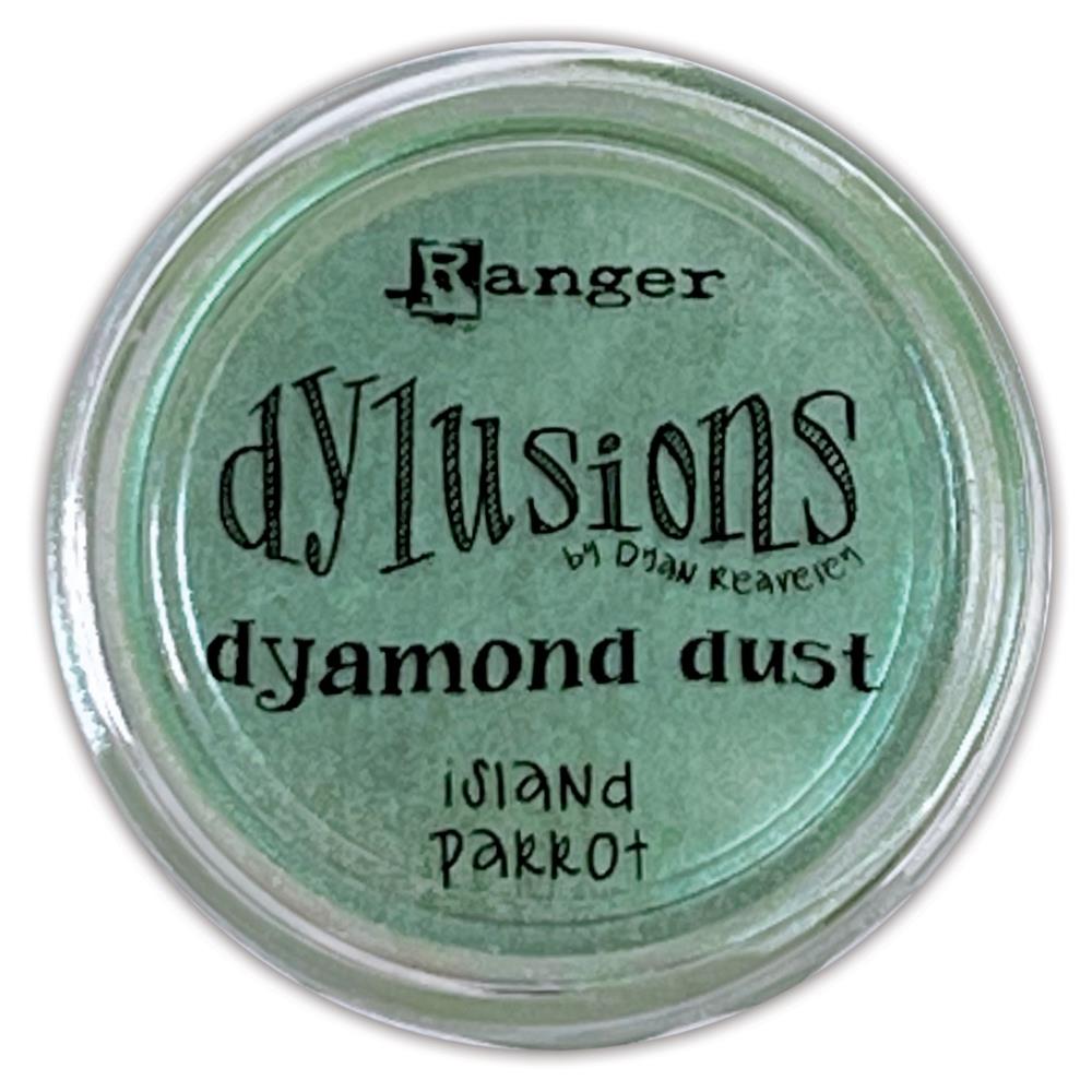 Dyamond Dust ... by Dyan Reaveley's Dylusions and Ranger Ink. Pearl Pigment infused mica powder in vibrant Dylusions colours to add shimmer and enhance artwork. Create beautiful shimmery and colourfully pearlescent effects on book covers, journals, scrapbooks, greeting cards, mixed media, embossed dimensional artwork and more. Photo of Island Parrot, lime green.