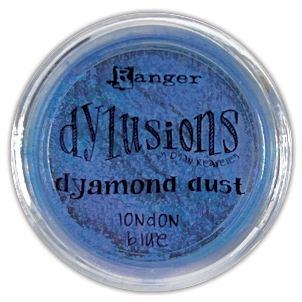 Dyamond Dust ... by Dyan Reaveley's Dylusions and Ranger Ink. Pearl Pigment infused mica powder in vibrant Dylusions colours to add shimmer and enhance artwork. Create beautiful shimmery and colourfully pearlescent effects on book covers, journals, scrapbooks, greeting cards, mixed media, embossed dimensional artwork and more. Photo of London Blue, primary blue.