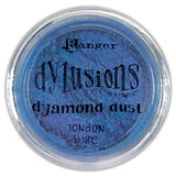 Dyamond Dust ... by Dyan Reaveley's Dylusions and Ranger Ink. Pearl Pigment powder in Dylusions colours to add shimmer and enhance artwork.  Available in 6 colours. Create beautiful pearlescent effects on book covers, journals, scrapbooks, greeting cards, mixed media, embossed dimensional artwork and more. Photo of London Blue, a midrange blue.