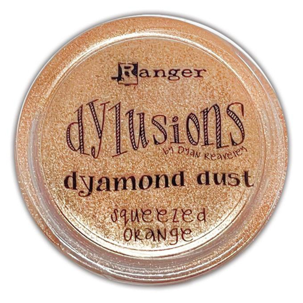 Dyamond Dust ... by Dyan Reaveley's Dylusions and Ranger Ink. Pearl Pigment infused mica powder in vibrant Dylusions colours to add shimmer and enhance artwork. Create beautiful shimmery and colourfully pearlescent effects on book covers, journals, scrapbooks, greeting cards, mixed media, embossed dimensional artwork and more. Photo of Squeezed Orange.