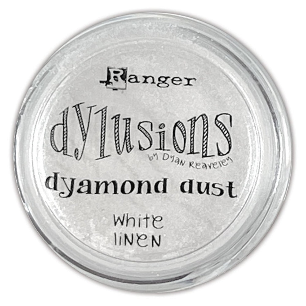Dyamond Dust ... by Dyan Reaveley's Dylusions and Ranger Ink. Pearl Pigment infused mica powder in vibrant Dylusions colours to add shimmer and enhance artwork. Create beautiful shimmery and colourfully pearlescent effects on book covers, journals, scrapbooks, greeting cards, mixed media, embossed dimensional artwork and more. Photo of White Linen.