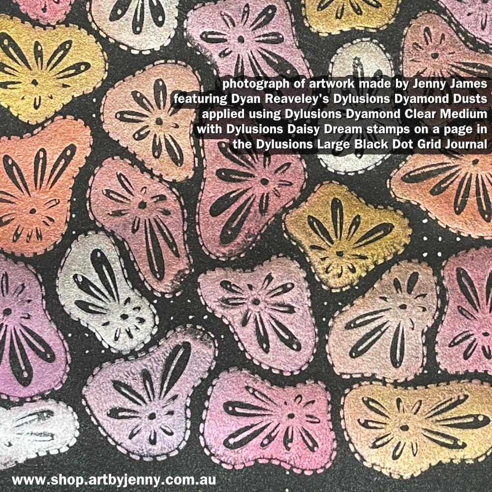Photograph of artwork made by Jenny James featuring Dyan Reaveley's Dylusions Dyamond Dusts in various colours applied using Dylusions Dyamond Clear Medium with Dylusions Daisy Dream stamps on a page in the Dylusions Large Black Dot Grid Journal. All available at Art by Jenny in Australia.