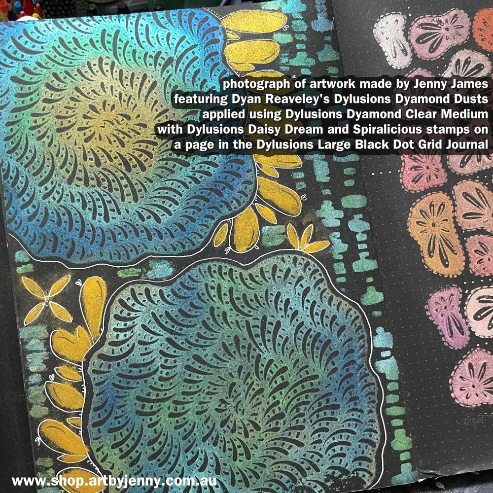 Photograph of artwork made by Jenny James featuring Dyan Reaveley's Dylusions Dyamond Dusts in various colours applied using Dylusions Dyamond Clear Medium with Dylusions Daisy Dream and Spiralicious stamps on a page in the Dylusions Large Black Dot Grid Journal. All available at Art by Jenny in Australia.