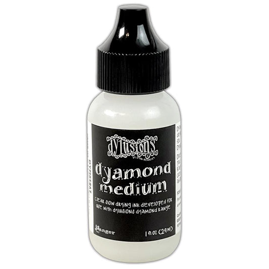 Dyamond Medium - Reinker (refill for inkpad / stamp pad) ... by Dyan Reaveley's Dylusions and Ranger Ink. Slow drying clear ink (medium) formulated to work with embossing powders and pearlised pigments when creating dimensional layers, shimmery patterns and watermark effects on book covers, journals, scrapbooks, greeting cards, mixed media, embossed dimensional artwork and more. Bottle of 1 fl oz (29ml) of clear slow drying ink.