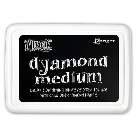 Dyamond Medium - Ink Pad (stamp pad) ... by Dyan Reaveley's Dylusions and Ranger Ink. Slow drying clear ink (medium) in a rectangle felt pad for use with embossing powders and pearlised pigments when creating dimensional layers with artwork.   Create a beautiful enamel look with 3D effects using all your favourite stamps on book covers, journals, scrapbooks, greeting cards, mixed media, embossed dimensional artwork and more.