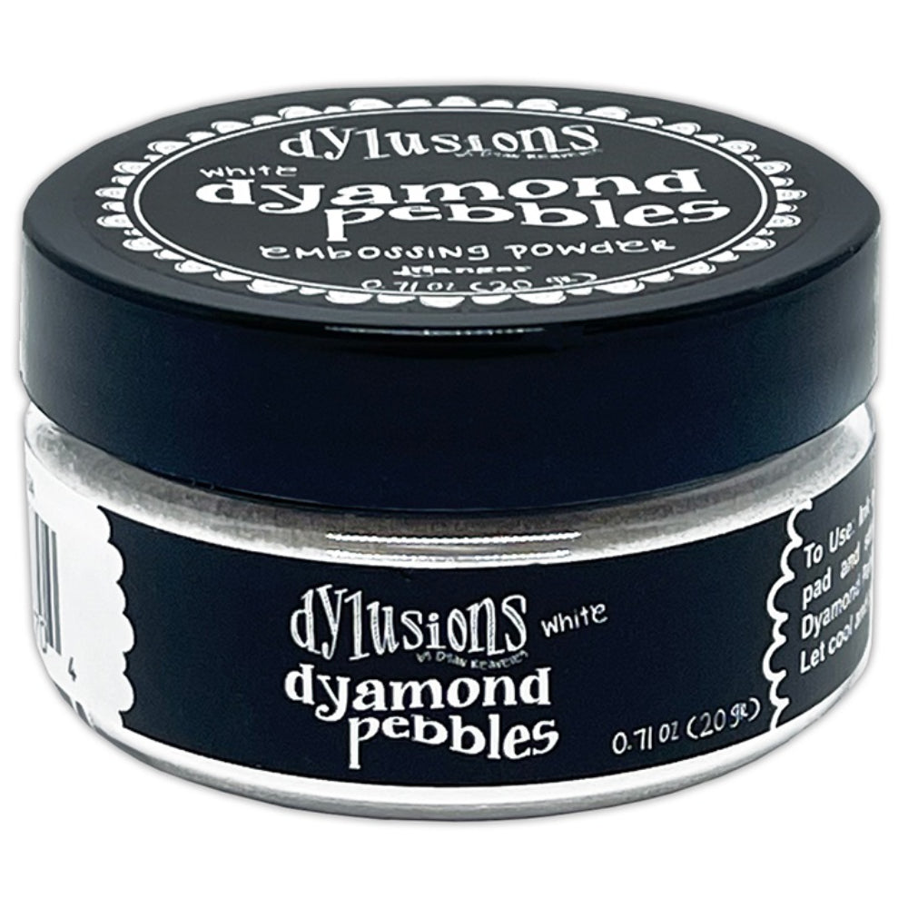 White Dylusions Dyamond Pebbles (fine embossing powder) ... by Dyan Reaveley's Dylusions and Ranger Ink. Embossing Powder to create raised outlines, add dimension and create layers with a smooth raised 3D enamel-like finish. Create outlines, raised effects and enamel finishes in black or clear on book covers, journals, scrapbooks, greeting cards, mixed media, embossed dimensional artwork and more.