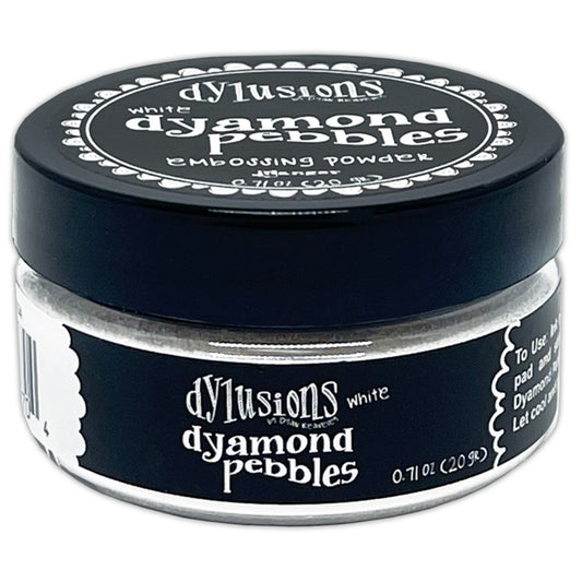 White Dylusions Dyamond Pebbles (fine embossing powder) ... by Dyan Reaveley's Dylusions and Ranger Ink. Embossing Powder to create raised outlines, add dimension and create layers with a smooth raised 3D enamel-like finish. Create outlines, raised effects and enamel finishes in black or clear on book covers, journals, scrapbooks, greeting cards, mixed media, embossed dimensional artwork and more.