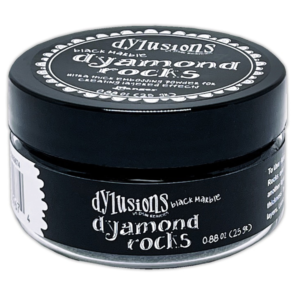 Black Marble (opaque black)  Dyamond Rocks ... Dylusions by Dyan Reaveley and Ranger Ink. Jar of Ultra Thick Embossing Powder used to create dimension and shaped layers with a smooth, 3-dimensional raised layer with an enamel-like finish. Use with junk journals, book covers, ornaments, decorations, off-the-page creativity, scrapbooks, greeting cards, mixed media, visual sculptured artwork and more. Photo of the jar.