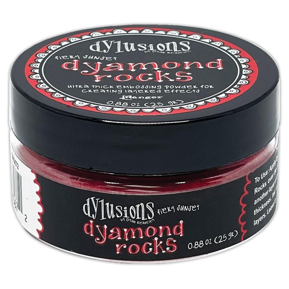 Fiery Sunset (bright red)  Dyamond Rocks ... Dylusions by Dyan Reaveley and Ranger Ink. Jar of Ultra Thick Embossing Powder used to create dimension and shaped layers with a smooth, 3-dimensional raised layer with an enamel-like finish. Use with junk journals, book covers, ornaments, decorations, off-the-page creativity, scrapbooks, greeting cards, mixed media, visual sculptured artwork and more. Photo of the jar.