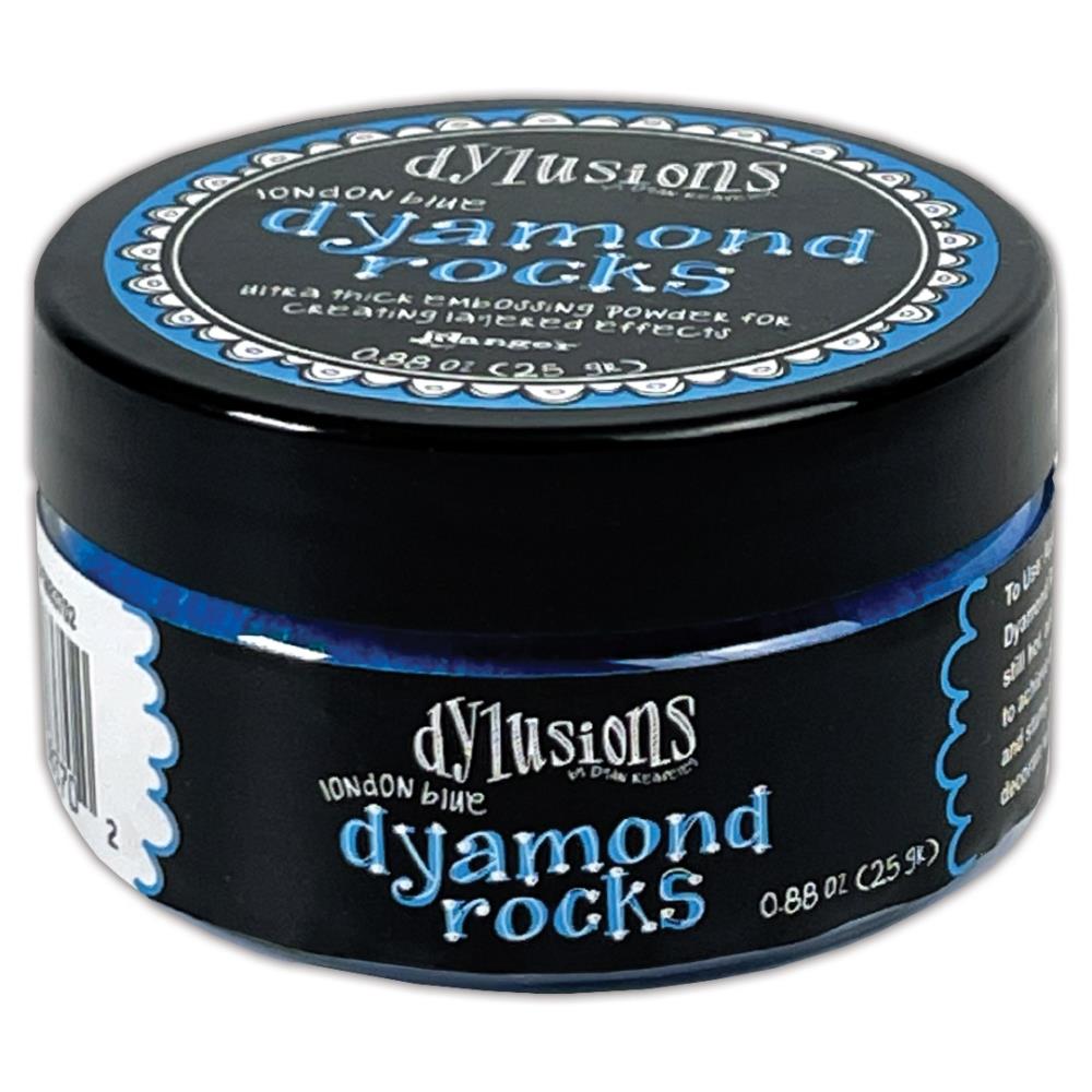London Blue (medium blue) 25g jar of Dyamond Rocks (ultra thick embossing powder) ... by Dyan Reaveley's Dylusions and Ranger Ink. Ultra Thick Embossing Powder in Dylusions colours to add dimension and shaped layers to create a raised enamel-like finish without the solvents.   Create beautiful 3D effects on book covers, journals, scrapbooks, greeting cards, mixed media, embossed dimensional artwork and more.