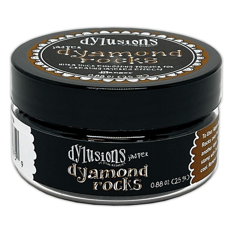 Jasper (metallic warm brown, bronze)  Dyamond Rocks ... Dylusions by Dyan Reaveley and Ranger Ink. Jar of Ultra Thick Embossing Powder used to create dimension and shaped layers with a smooth, 3-dimensional raised layer with an enamel-like finish. Use with junk journals, book covers, ornaments, decorations, off-the-page creativity, scrapbooks, greeting cards, mixed media, visual sculptured artwork and more. Photo of the jar.
