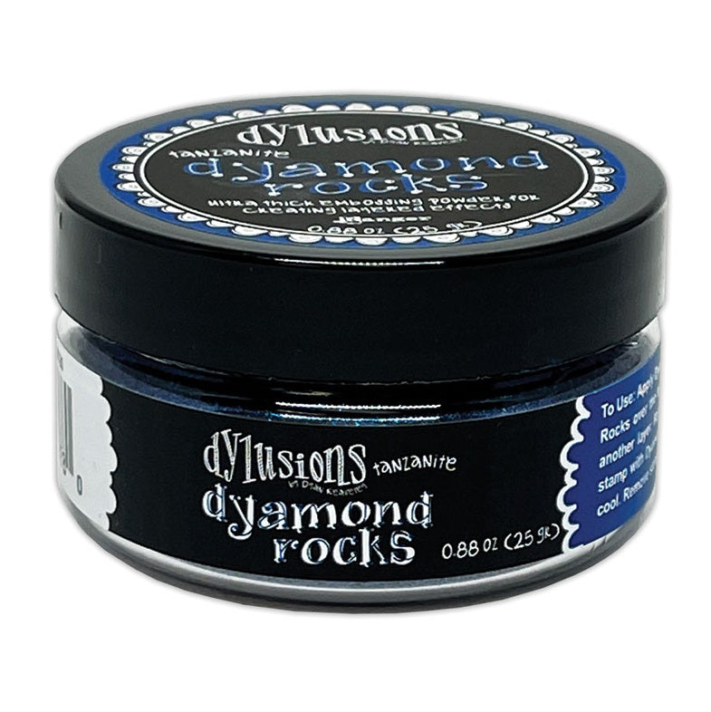 Tanzanite (metallic mid blue)  Dyamond Rocks ... Dylusions by Dyan Reaveley and Ranger Ink. Jar of Ultra Thick Embossing Powder used to create dimension and shaped layers with a smooth, 3-dimensional raised layer with an enamel-like finish. Use with junk journals, book covers, ornaments, decorations, off-the-page creativity, scrapbooks, greeting cards, mixed media, visual sculptured artwork and more. Photo of the jar.